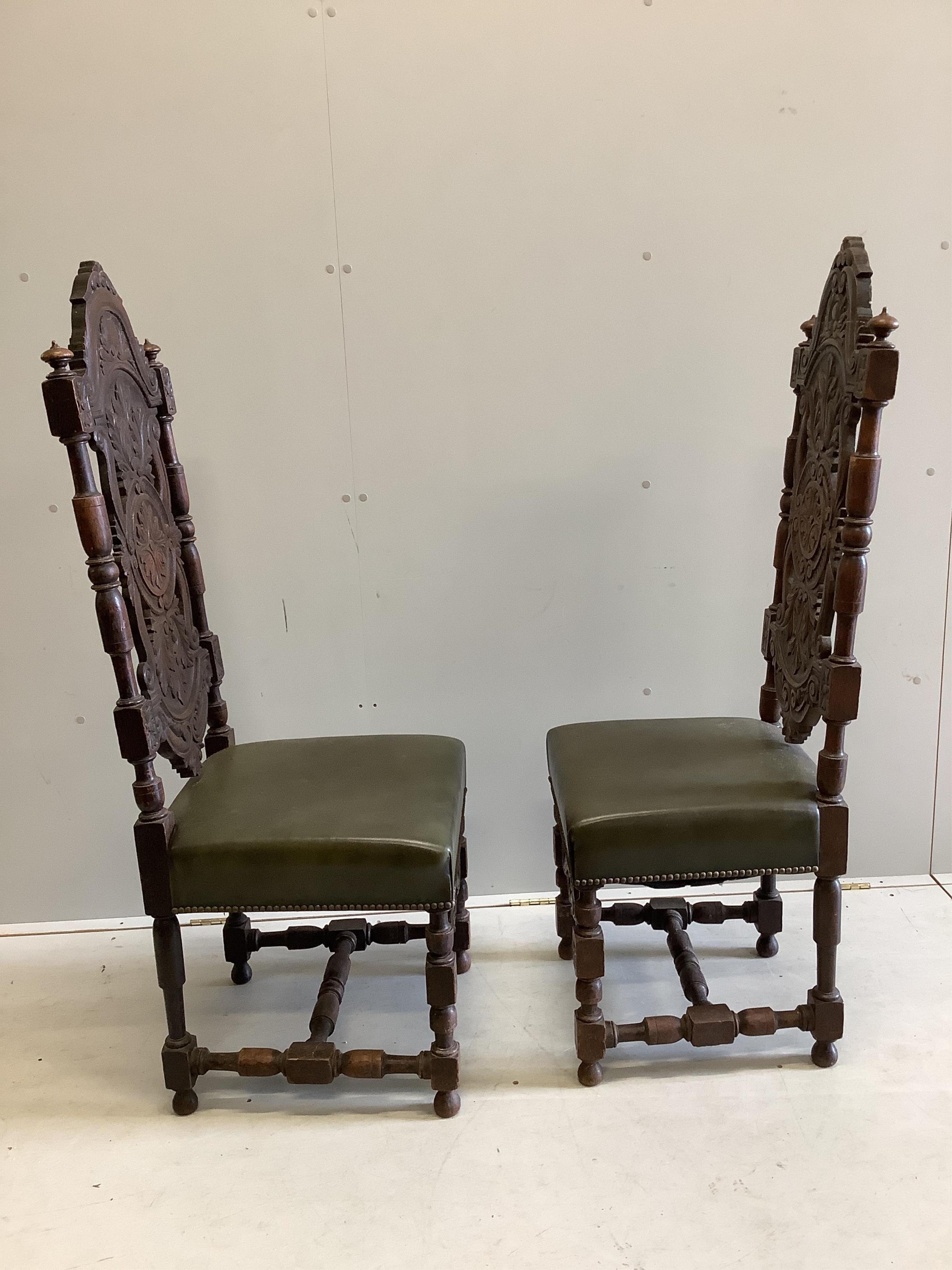 Two pairs of Carolean style chairs, larger height 132cm. Condition - fair